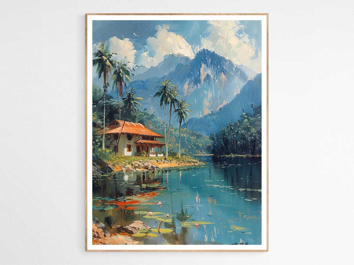 Tranquil Malaysian Lakeside House Palm Tree Mountain Art Poster
