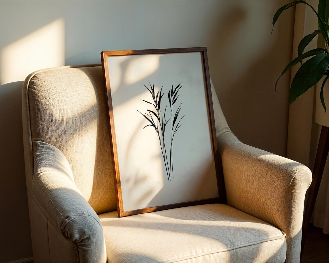Minimalist Black Reed Grass Stems Botanical Ink Line Art Wall Poster - Image 2