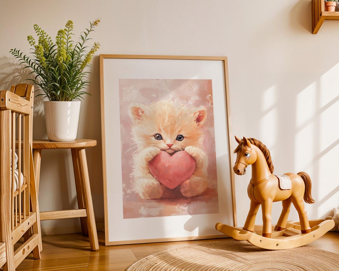 Cute Valentine Kitten Holding Heart Pastel Romantic Cat Poster - Image 5