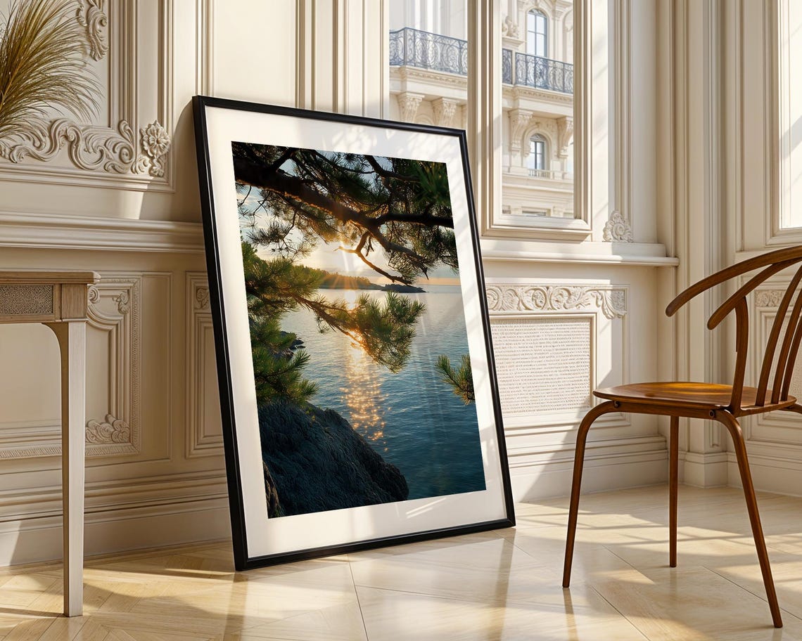 Golden Hour Sunset Over Water Pine Branches Lake Photo Poster - Image 3