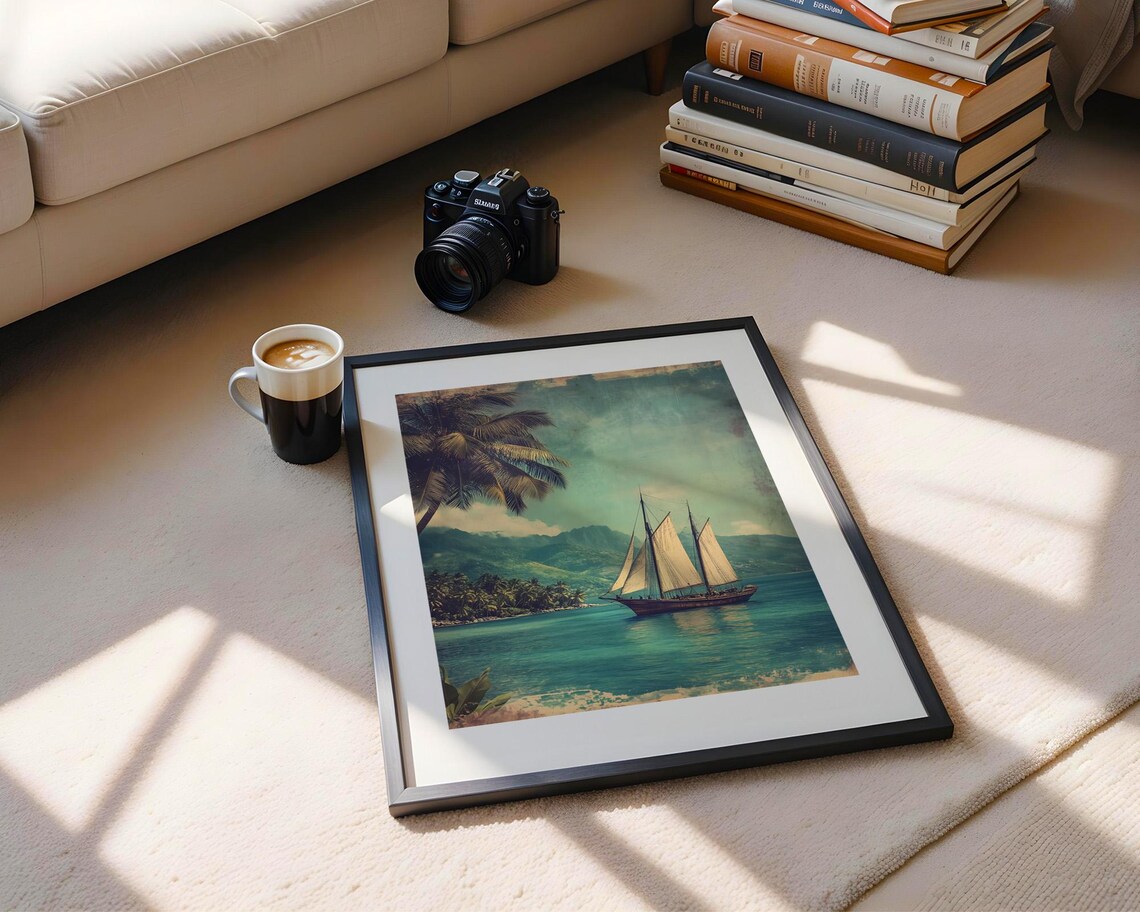 Vintage Wooden Sailboat on Tropical Coast Seascape Art Poster - Image 5