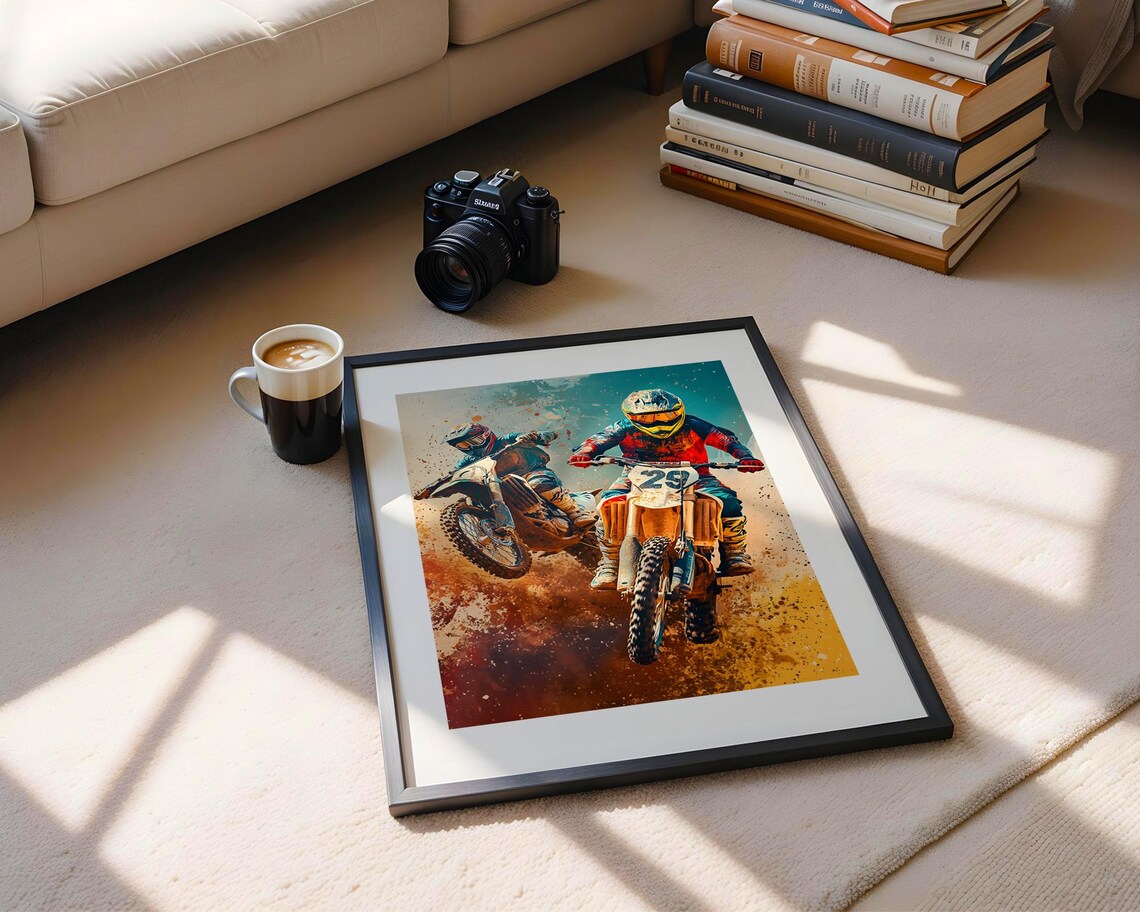Two Motocross Riders Racing Dirt Bikes Watercolor Sports Print - Image 5