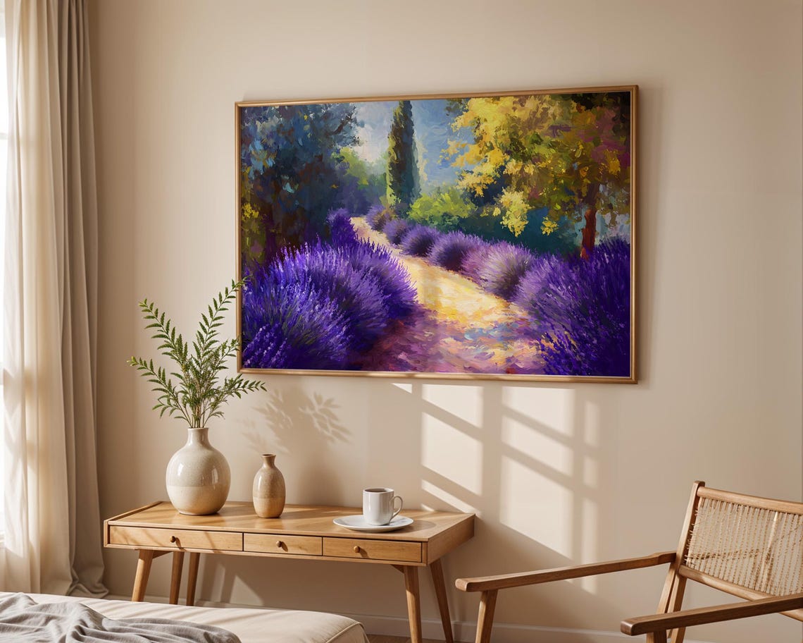 Sunlit Lavender Garden Path Trees Summer Landscape Art Print - Image 5
