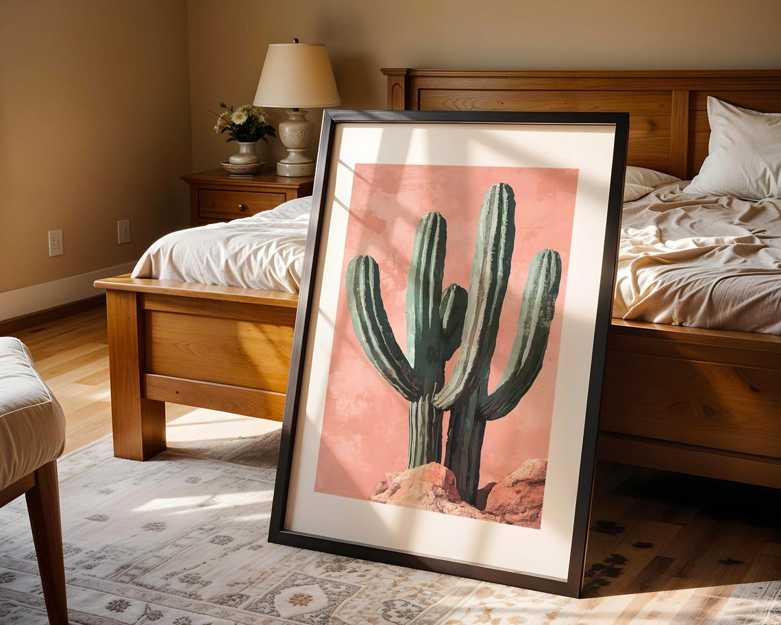 Saguaro Cactus Pink Background Botanical Art Modern Desert Poster