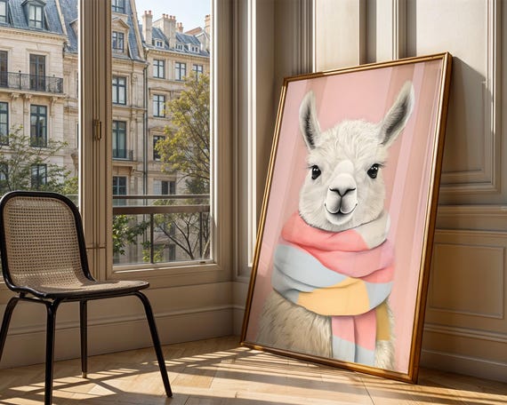 Cute Llama Scarf Animal Art Print Trendy Wall Room Decor Prints Poster Nursery Gift