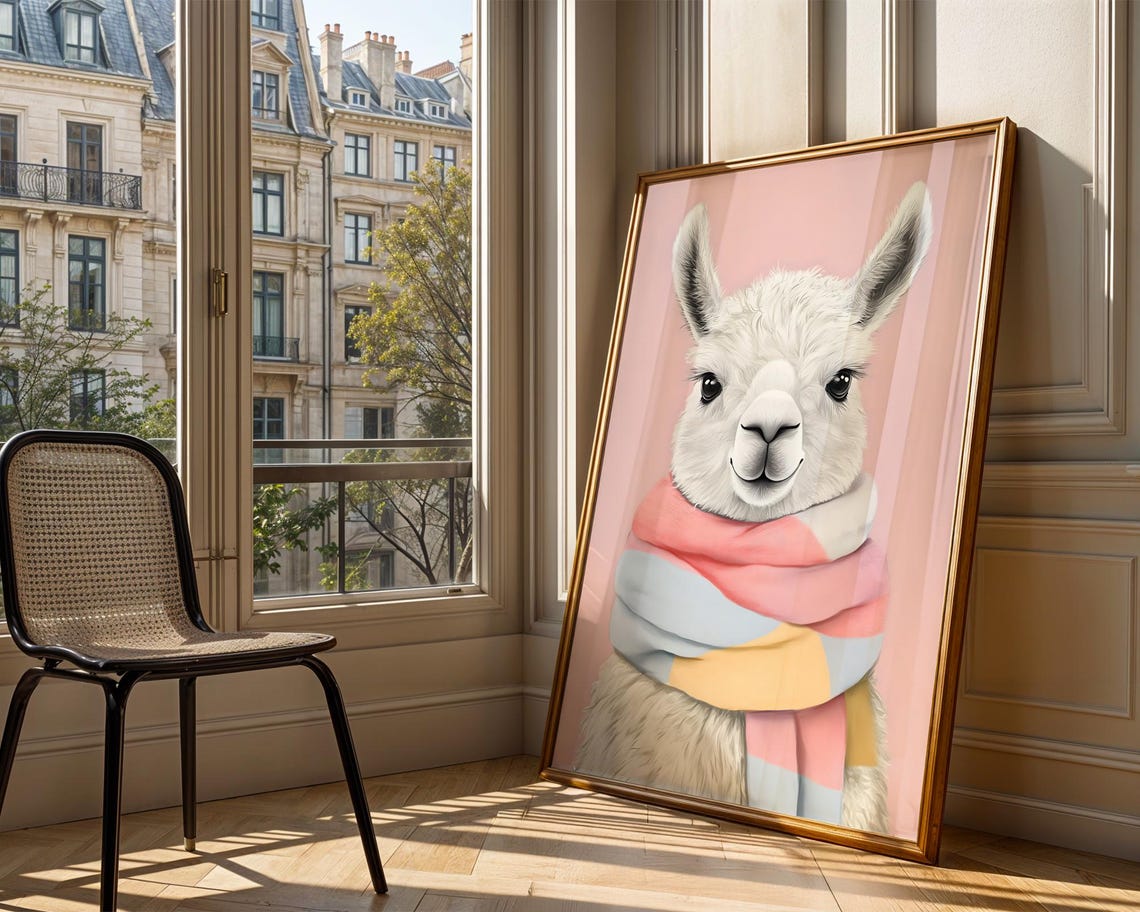 Cute Llama Scarf Animal Art Print Trendy Wall Room Decor Prints Poster Nursery Gift