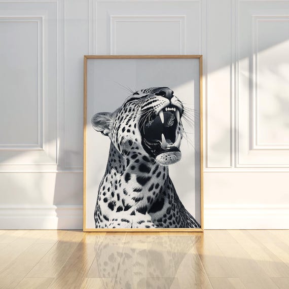 Leopard Roar Sketch Wall Art Print Animal Illustration Drawing Trendy Poster Back And White Modern Home Decor