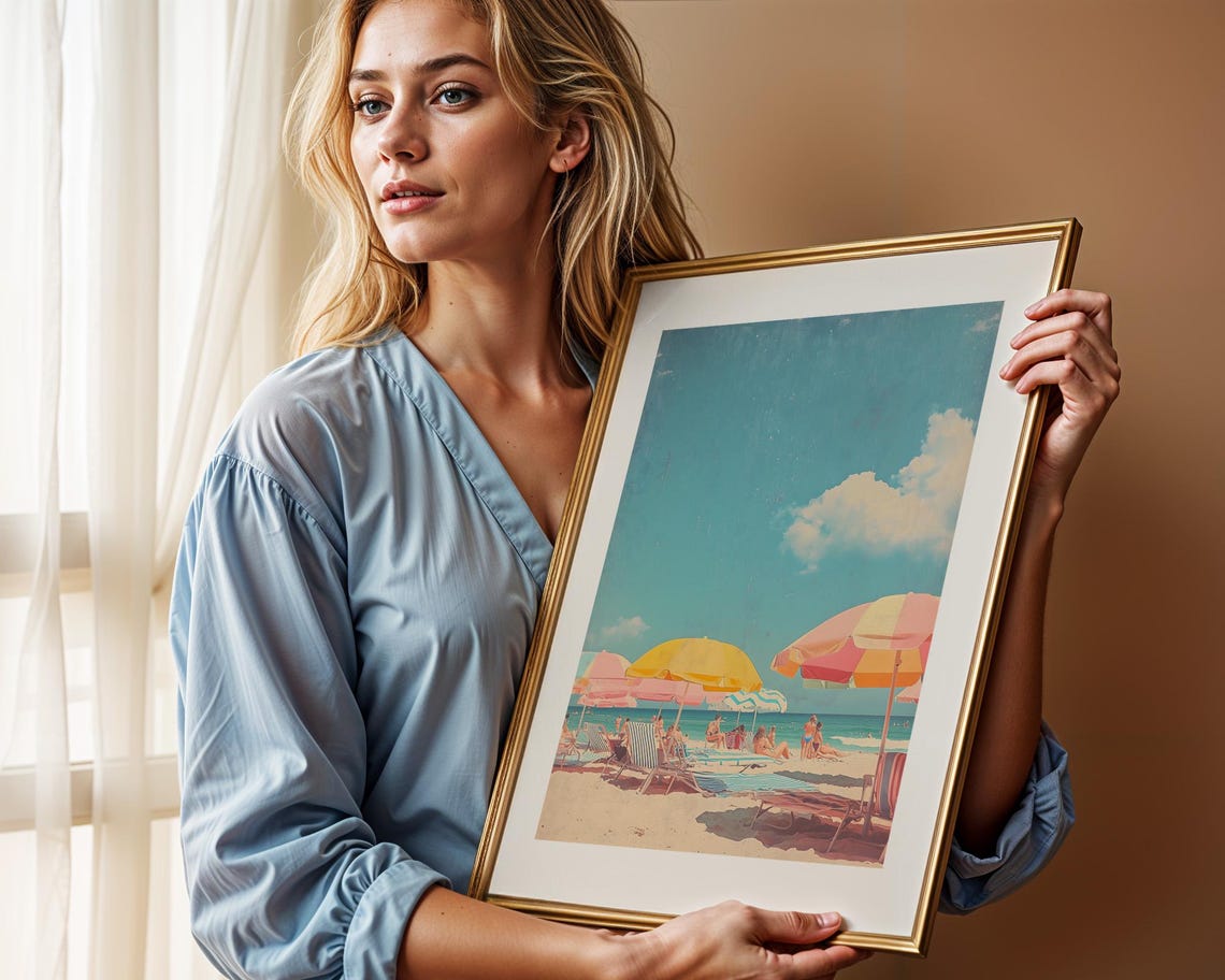 Pastel Beach Umbrellas And Sunbathers Aerial Summer Coast Poster - Image 2