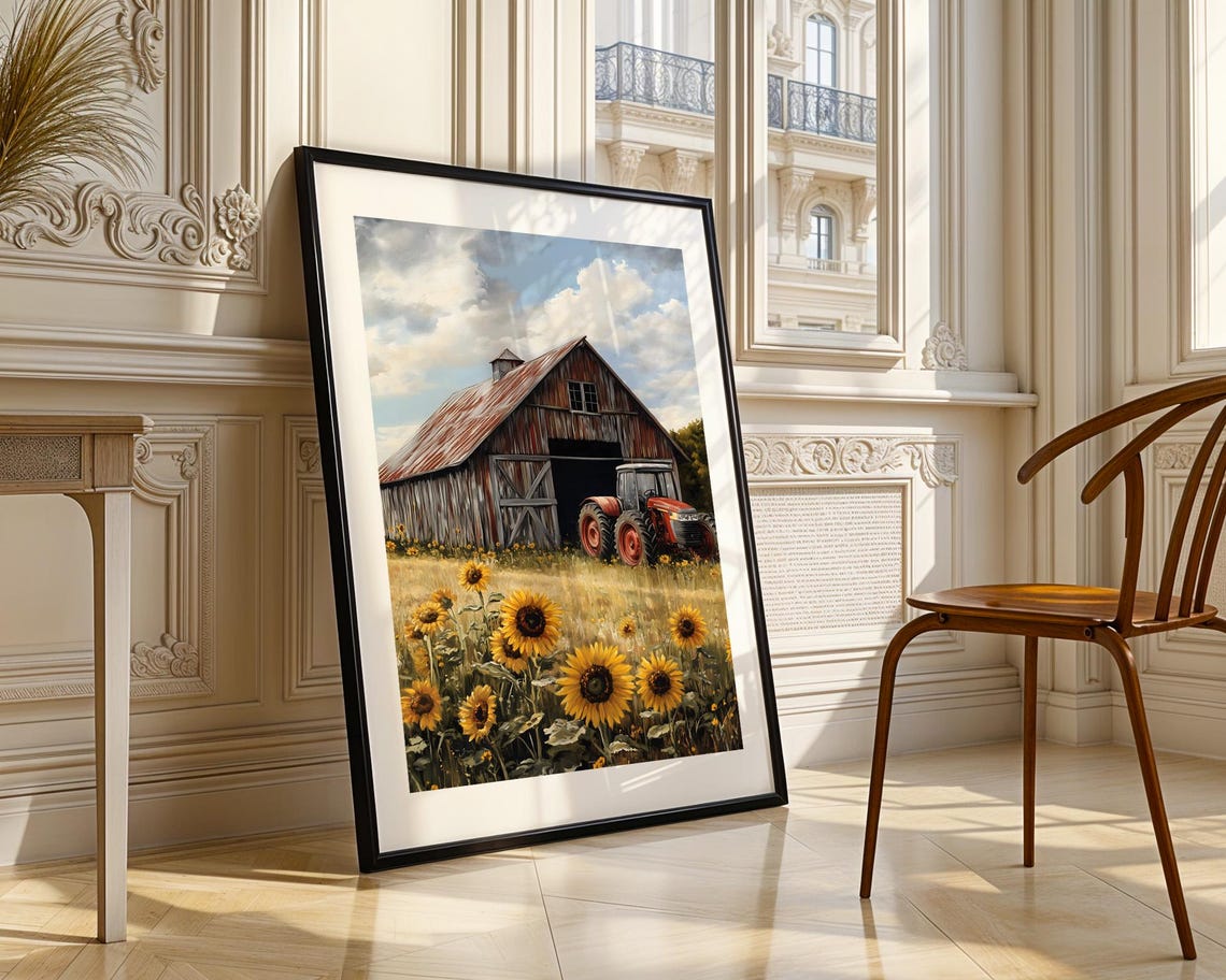 Red Barn Tractor Sunflower Field Rustic Farm Landscape Poster - Image 3