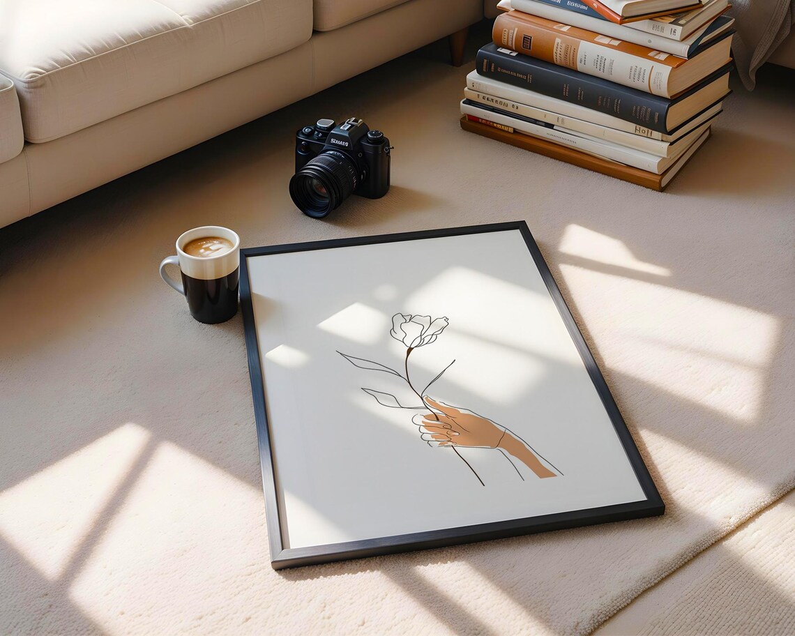 Hand Holding Blooming Flower Modern Floral Line Art Drawing Poster - Image 5