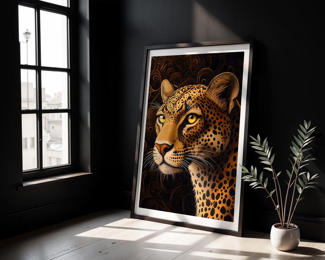 Golden Leopard Close Up Dark Ornate Background Wildlife Poster - Image 2