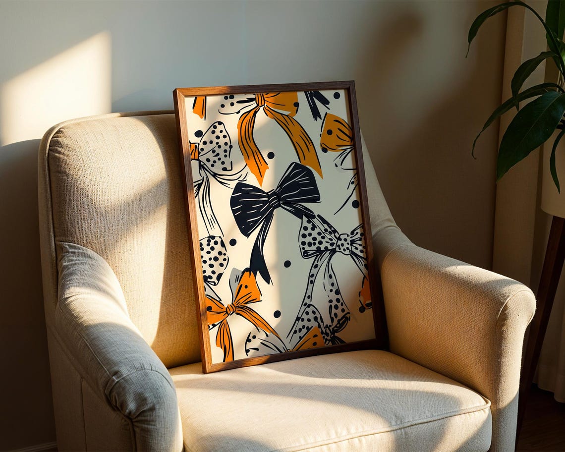 Retro Bow Pattern Orange Navy Polka Dot Vintage Girly Wall Art - Image 2