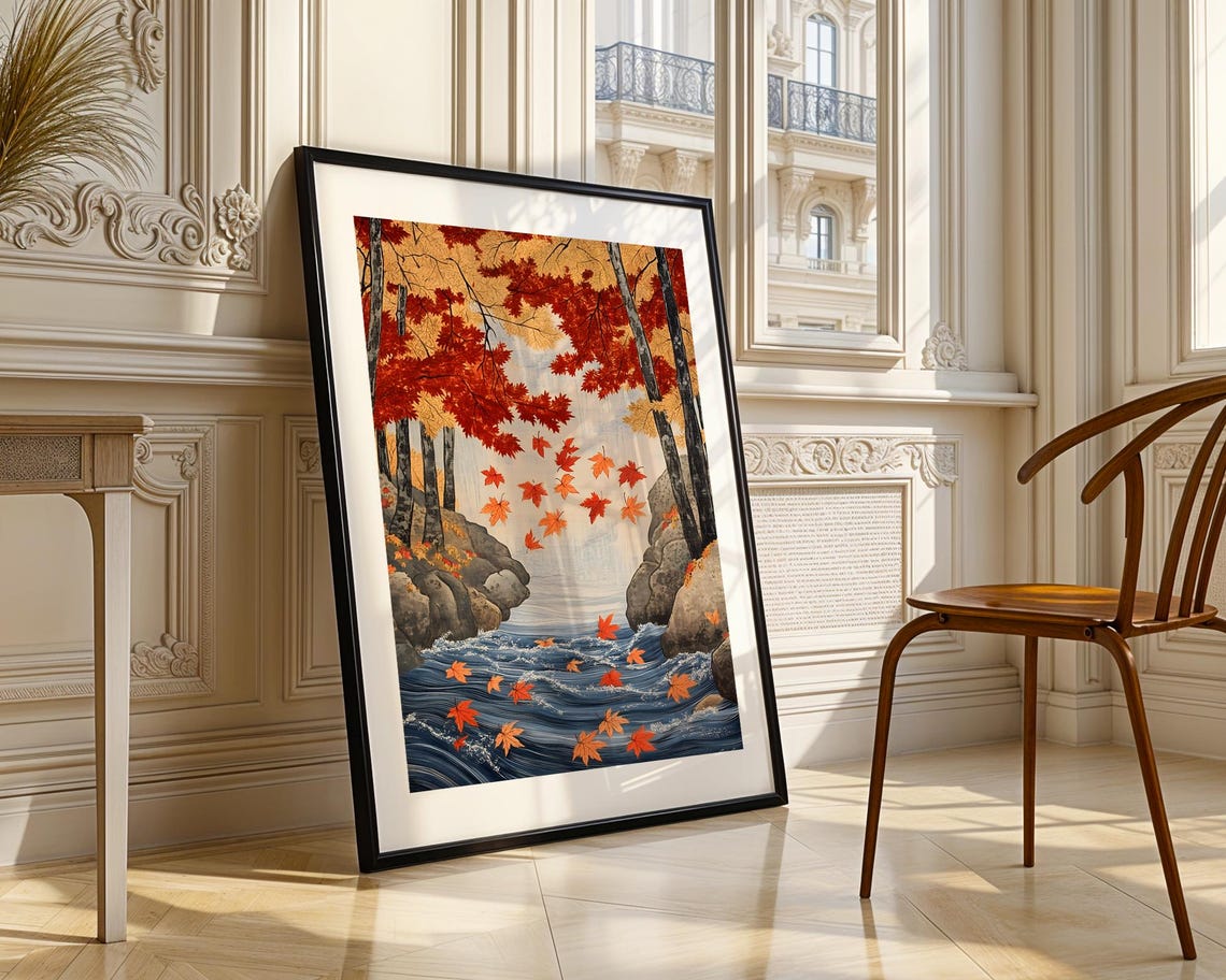 Japanese Autumn Gorge Art Poster with Falling Red Maple Leaves - Image 3