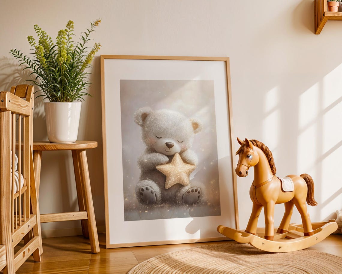 Cute Sleeping Teddy Bear Star Soft Pastel Baby Nursery Wall Art - Image 3