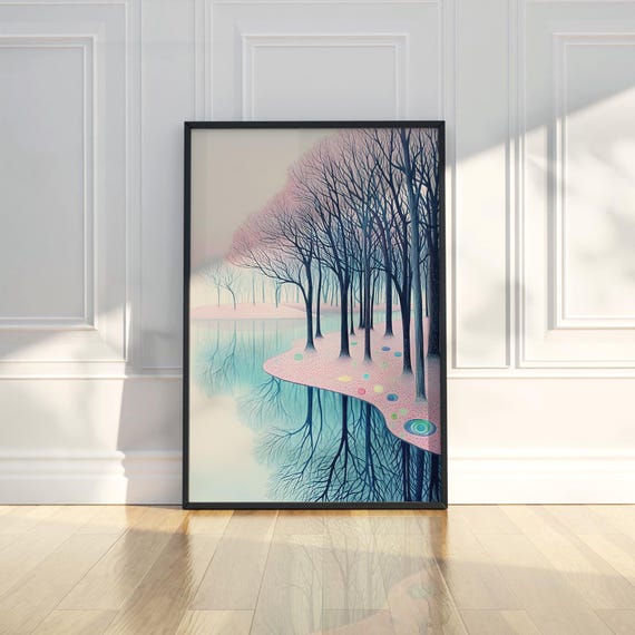 Abstract Moody Pink Tree Reflective River Painting Poster Wall Art Print Modern Home Room Decor Artwork