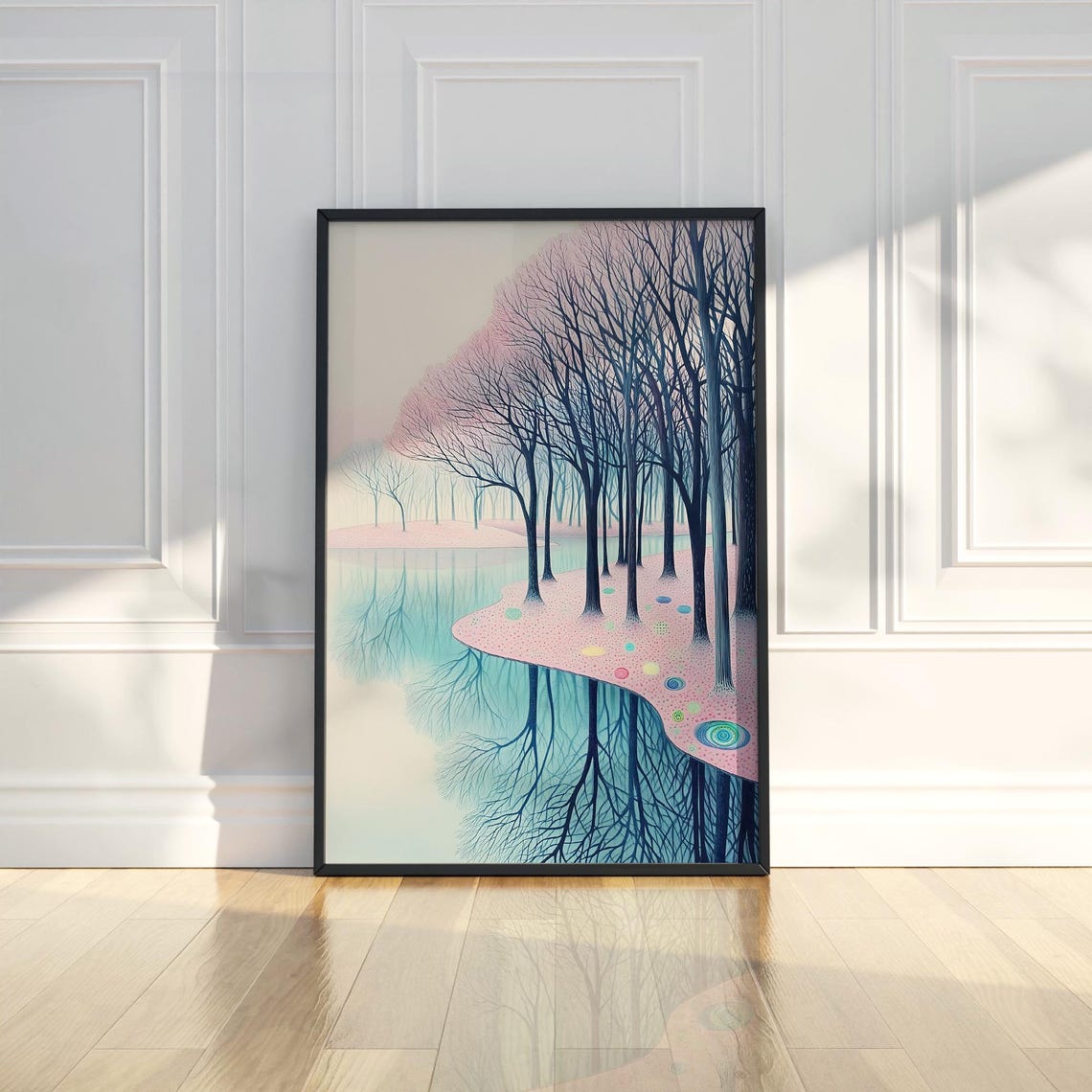 Pastel Pink Blue Lake Trees Reflection Surreal Landscape Poster