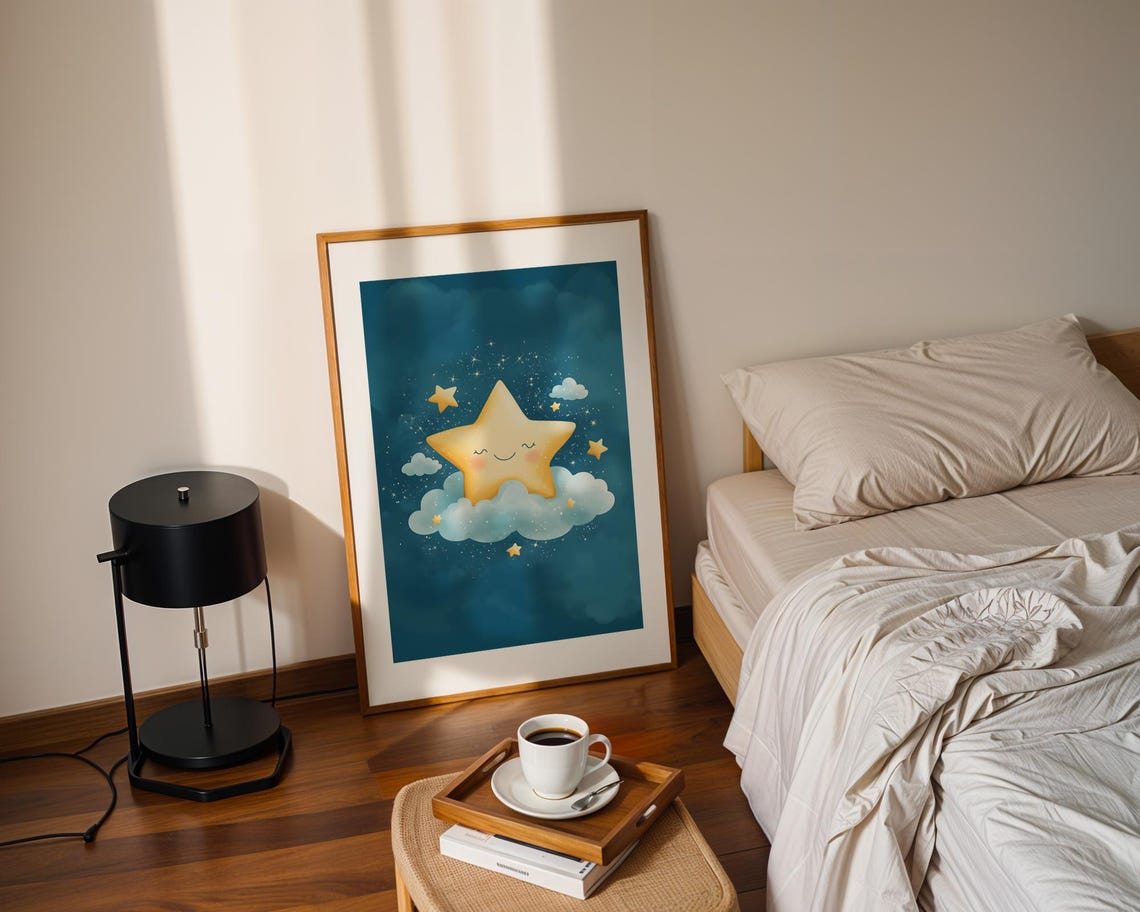 Sleeping Star Clouds Night Sky Cute Kids Nursery Room Art Print - Image 2