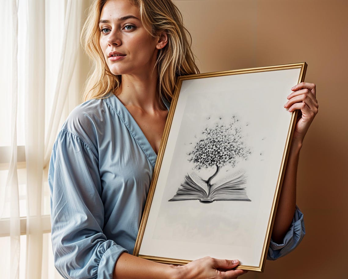 Open Book Flower Tree Growing Monochrome Sketch Reader Gift Art Poster - Image 2