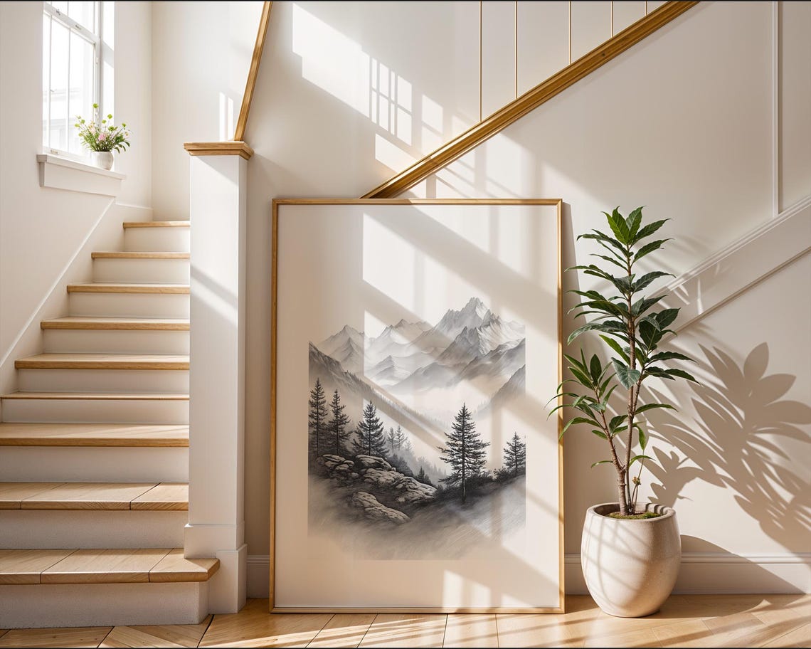 Misty Pine Forest Mountain Range Pencil Sketch Wall Art Monochrome Landscape Poster For Living Room Office Nursery Decor - Image 2