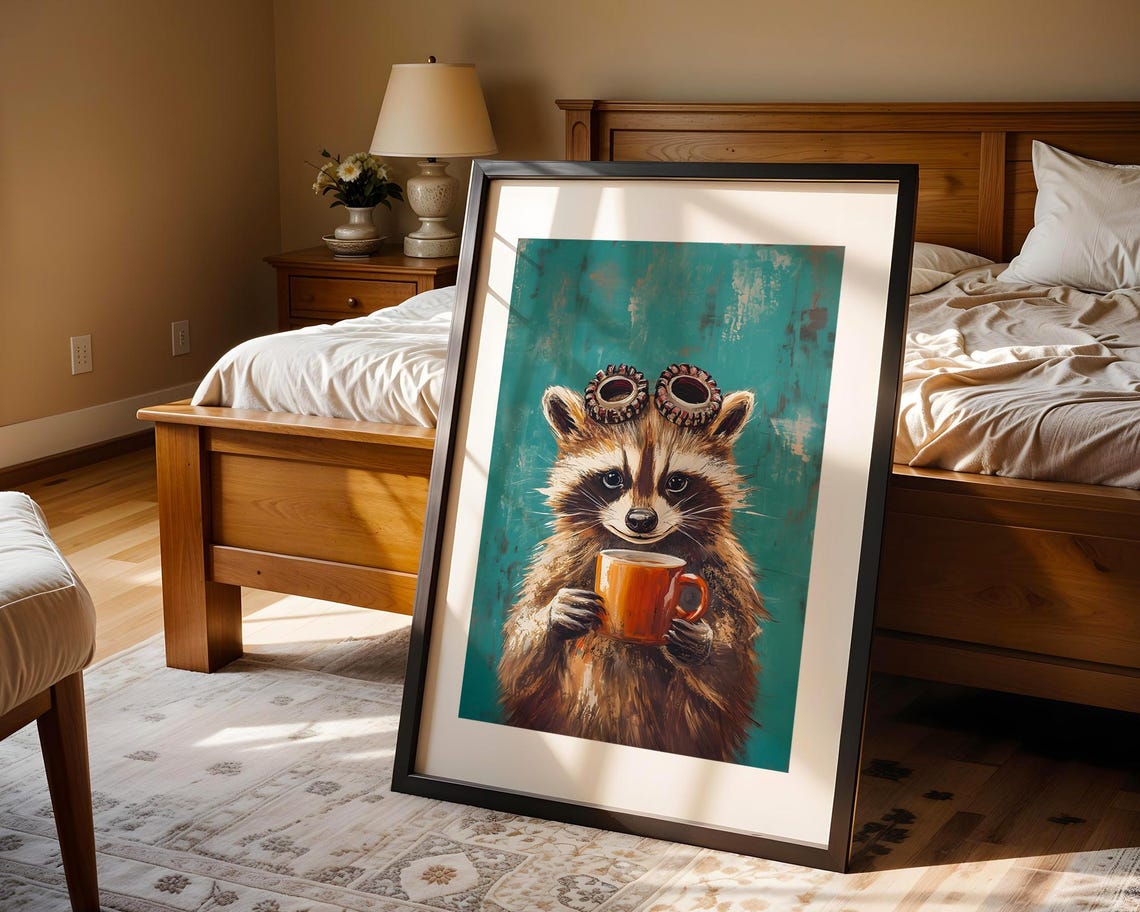 Whimsical Raccoon Coffee Mug Goggles Animal Art Illustration Trendy Wall Room Decor Prints Print - Image 5