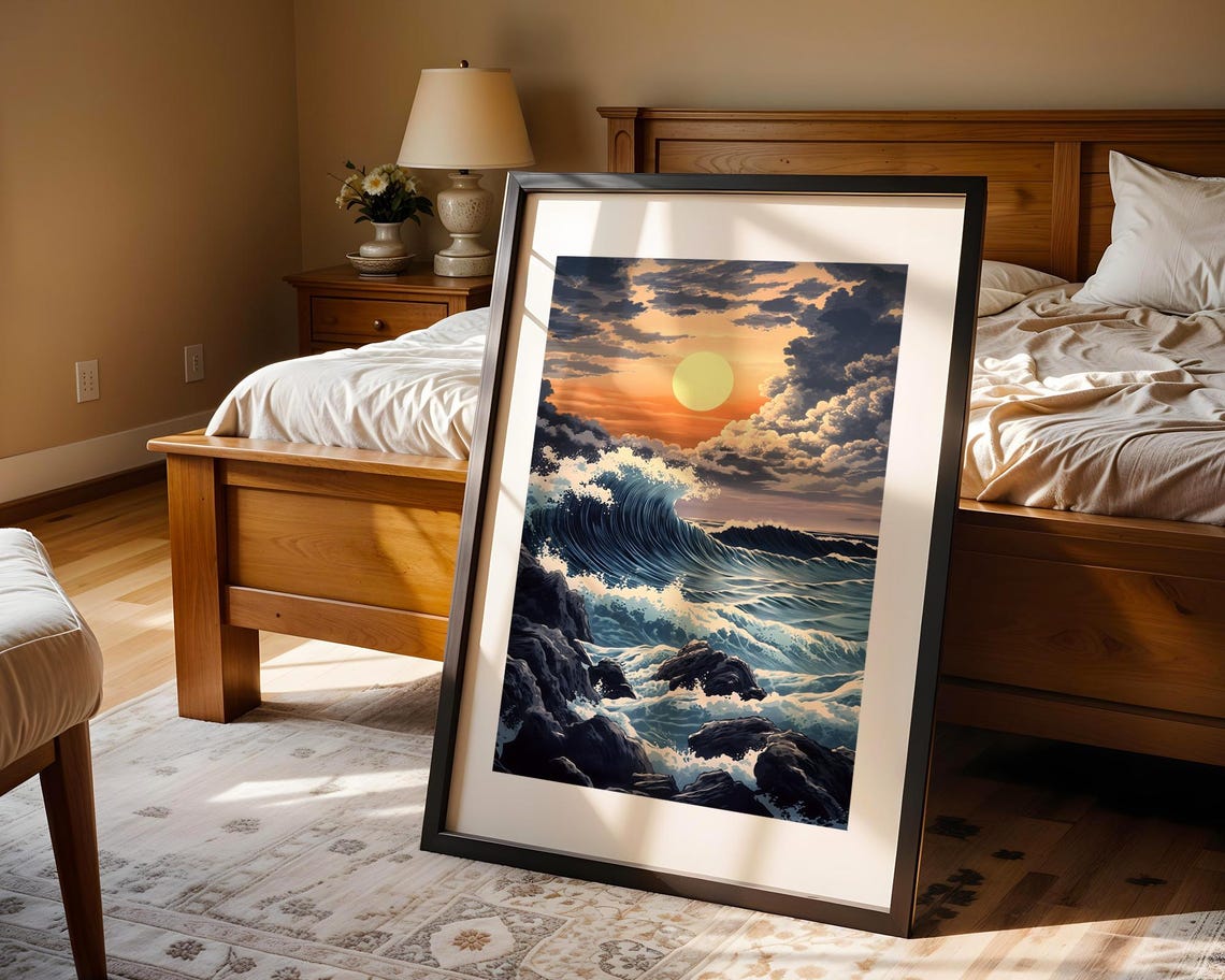 Ocean Wave Crashing Rocks Sunset Japanese Style Artwork Poster - Image 4