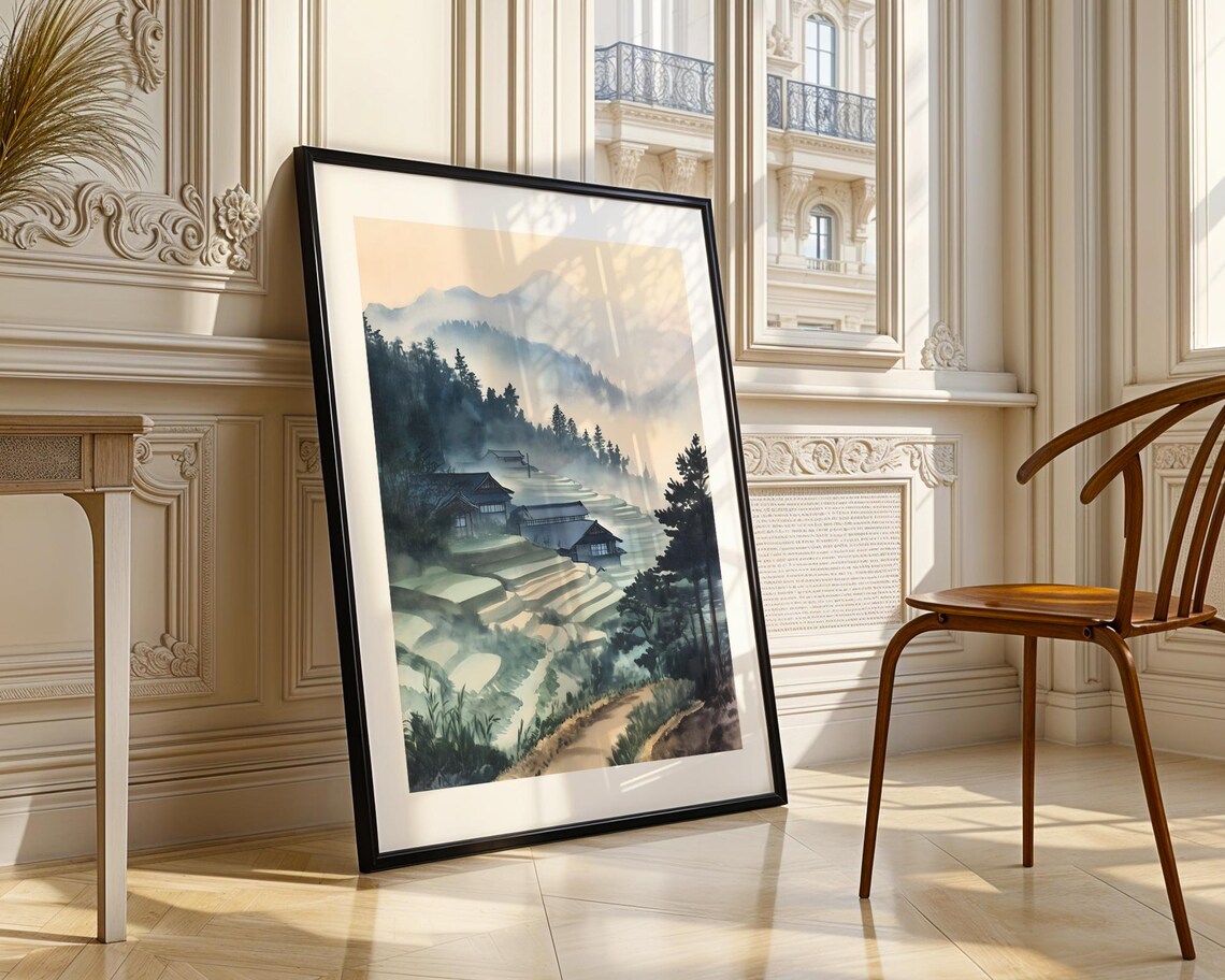 Serene Misty Rice Terraces Farmhouses Watercolor Asian Poster - Image 3
