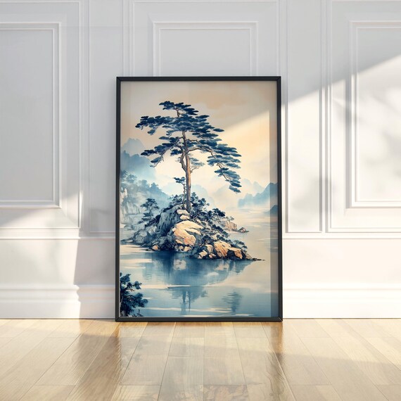 Lone Pine Tree on Rocky Island Japanese Ink Wash Painting Poster