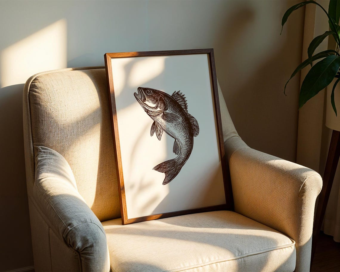 Jumping Bass Fish Brown Ink Sketch Fishing Art Drawing Poster - Image 2