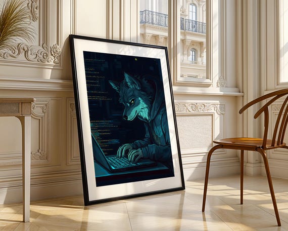 Cyber Wolf Hacker Coding Laptop Tech Art Print Trendy Wall Room Decor Prints Poster