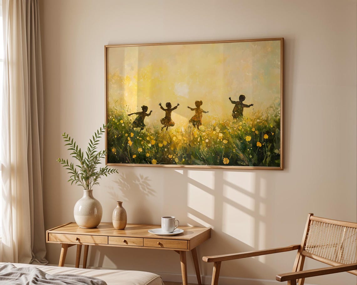 Children Dancing Golden Flower Field Sunset Nostalgic Artwork Poster