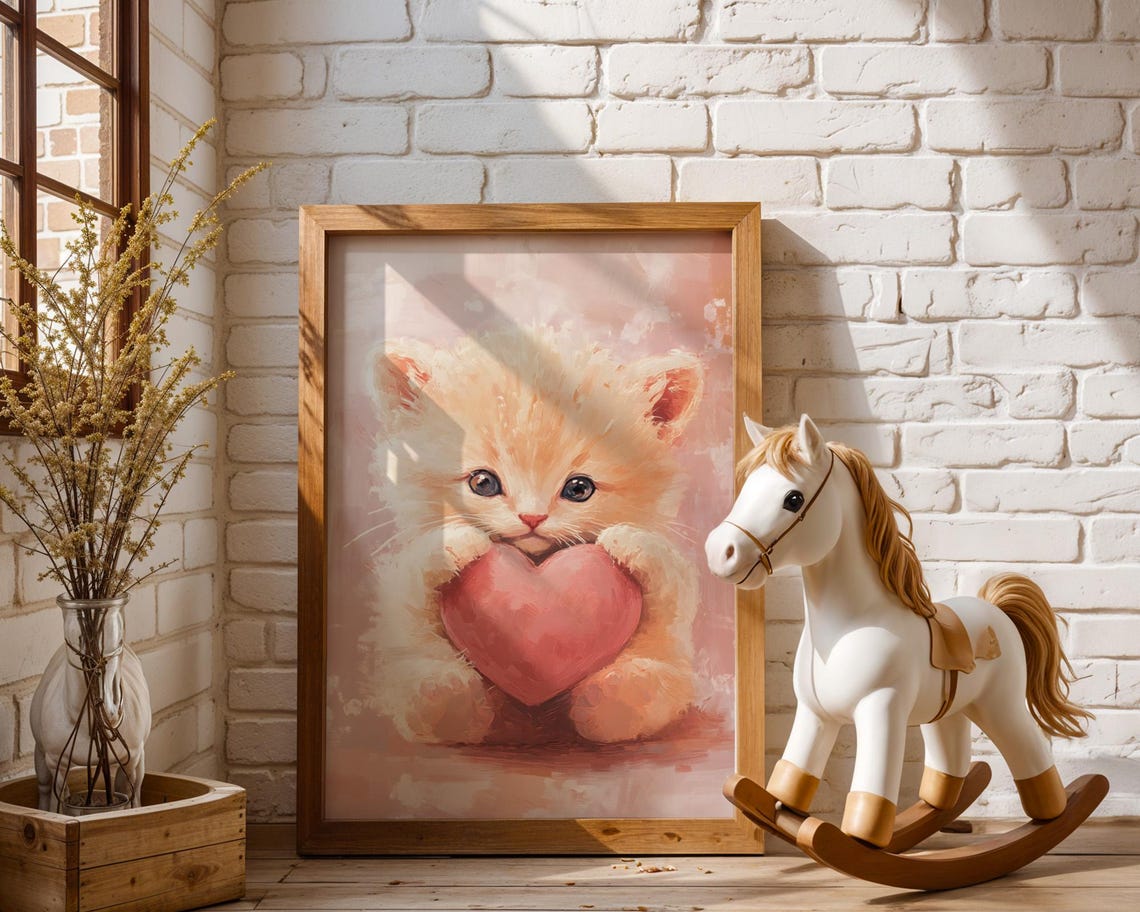Cute Valentine Kitten Holding Heart Pastel Romantic Cat Poster - Image 3