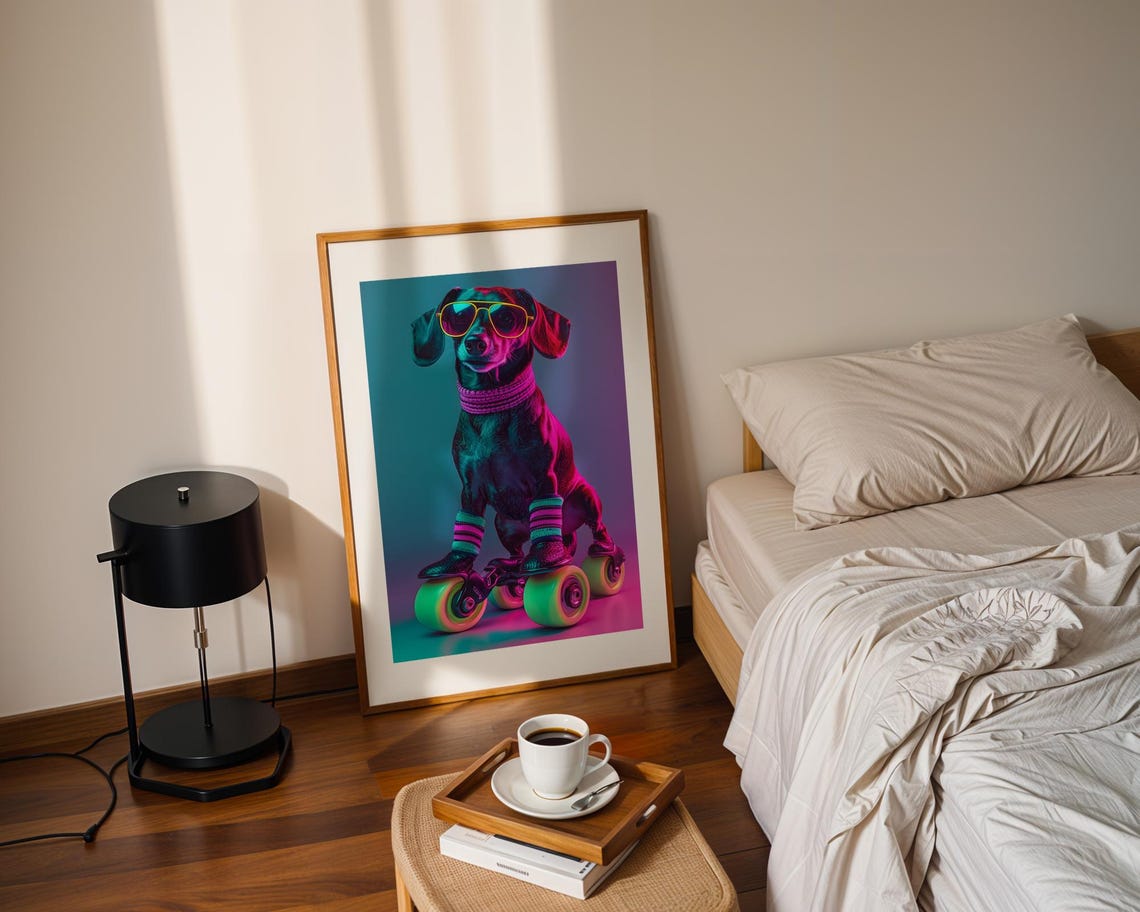 Cool Dachshund Neon Sunglasses Roller Skates Retro Pop Dog Wall Art - Image 2