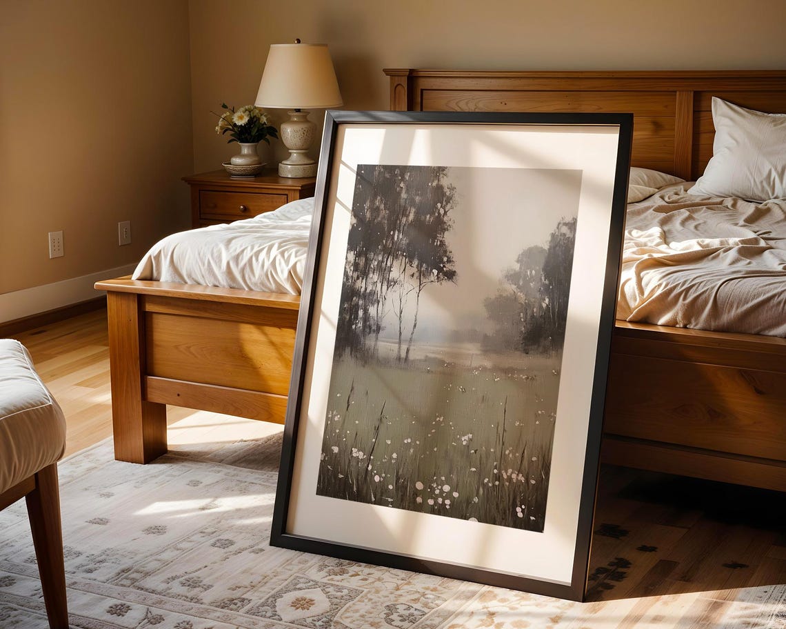 Misty Moody Black White Landscape Trees Meadow Minimalist Poster - Image 4