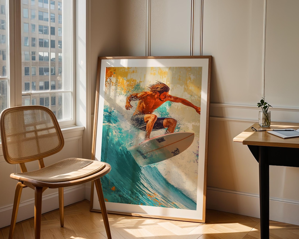 Surfer Riding Ocean Wave Turquoise Watercolor Surf Sports Print - Image 2