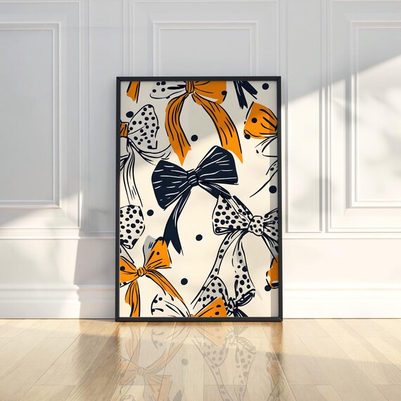 Retro Bow Pattern Orange Navy Polka Dot Vintage Girly Wall Art