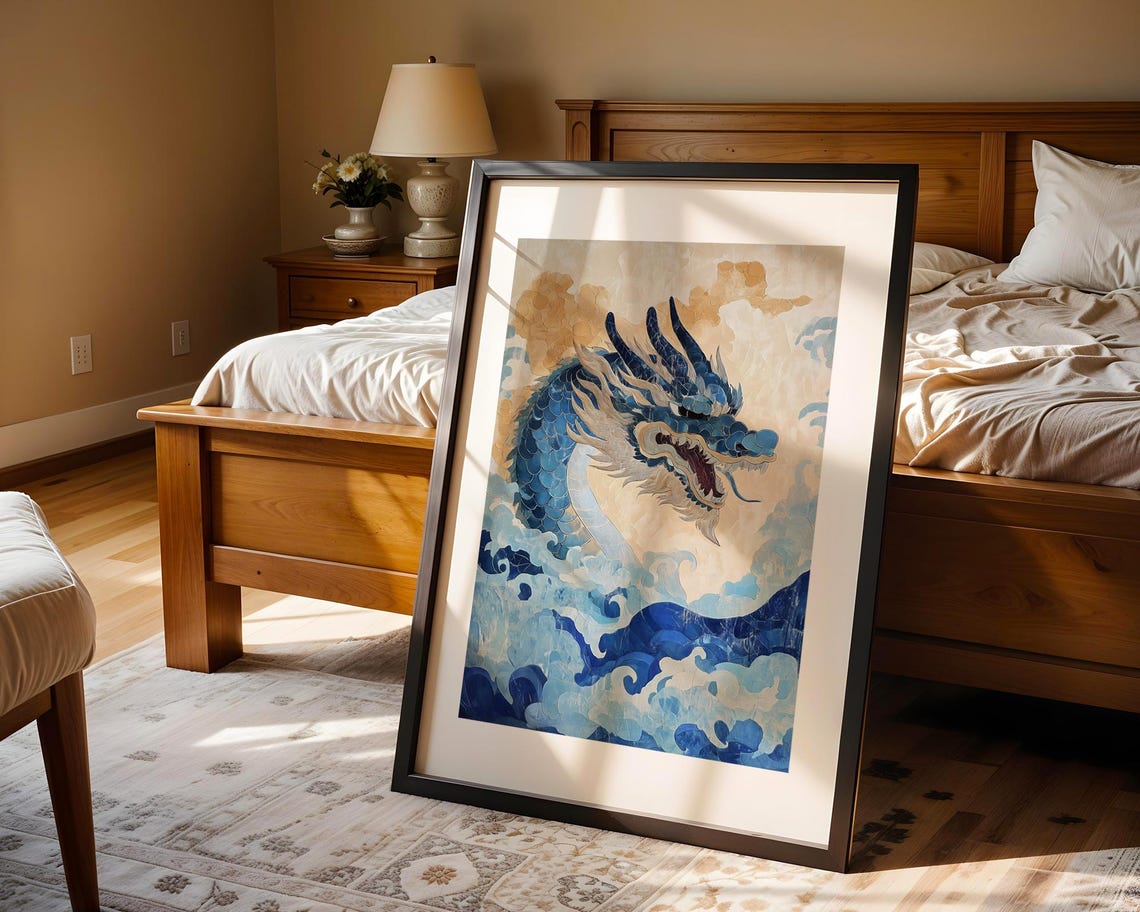 Blue Japanese Dragon Art Poster Rising from Swirling Ocean Waves - Image 4