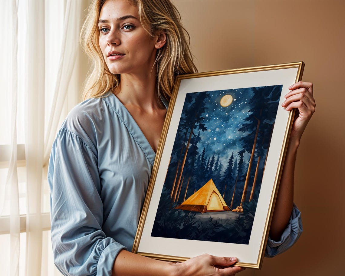 Forest Camping Under Stars Wall Art Adventure Tent Wilderness Night Sky Cozy Nature Landscape Decor - Image 3