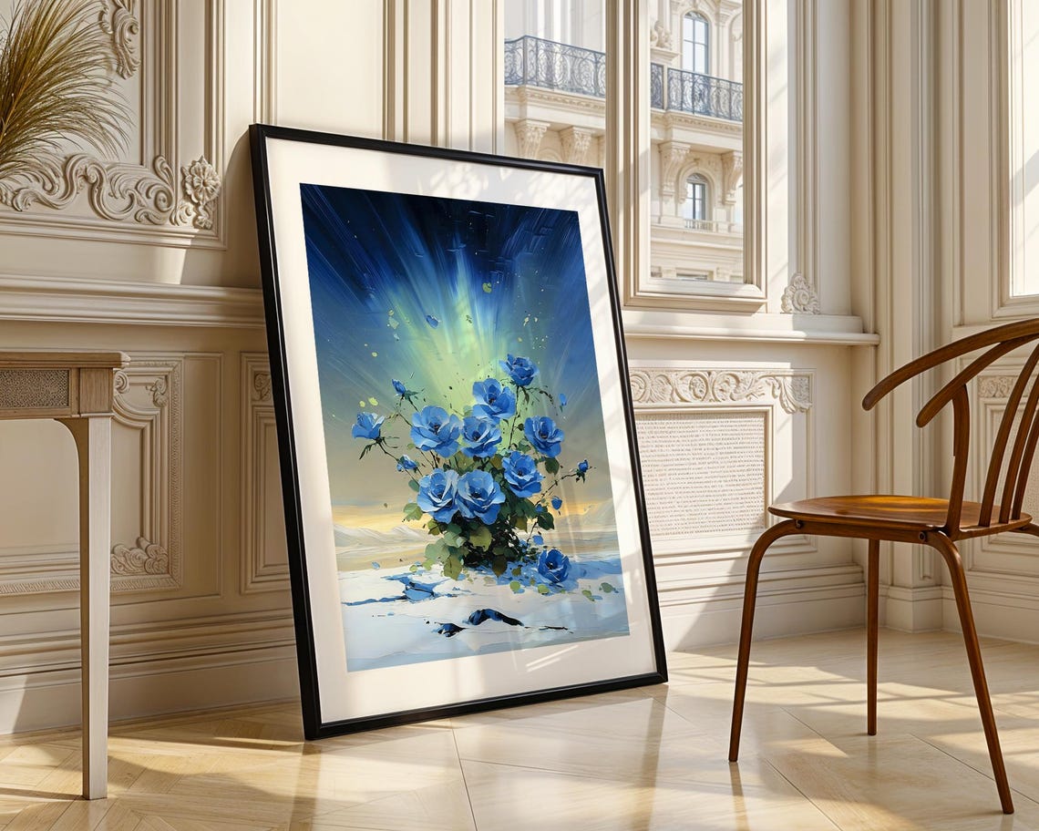Blue Roses Snowy Night Aurora Borealis Winter Oil Painting Poster - Image 3