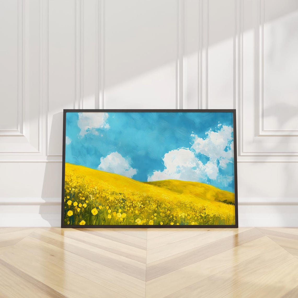 Yellow Wildflower Hills Turquoise Sky Bright Summer Art Poster