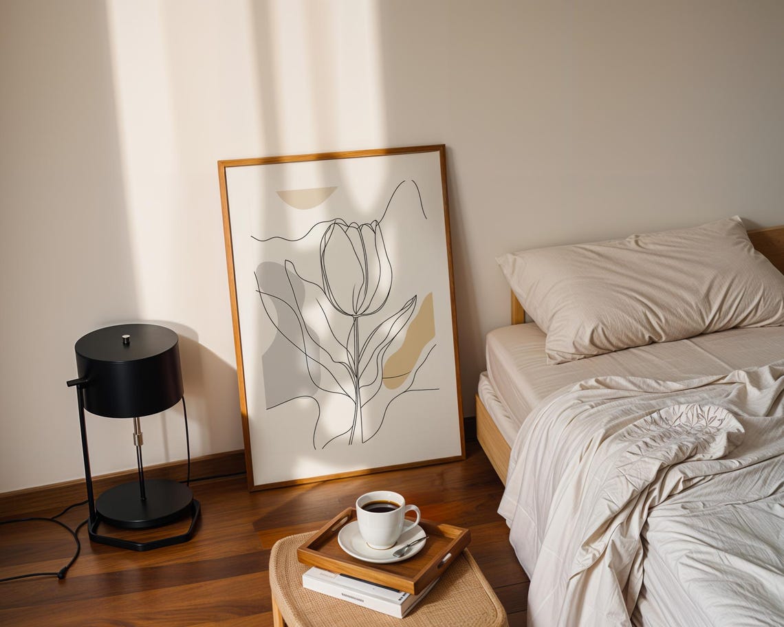 Modern Tulip Line Art Abstract Beige Botanical Drawing Poster - Image 2