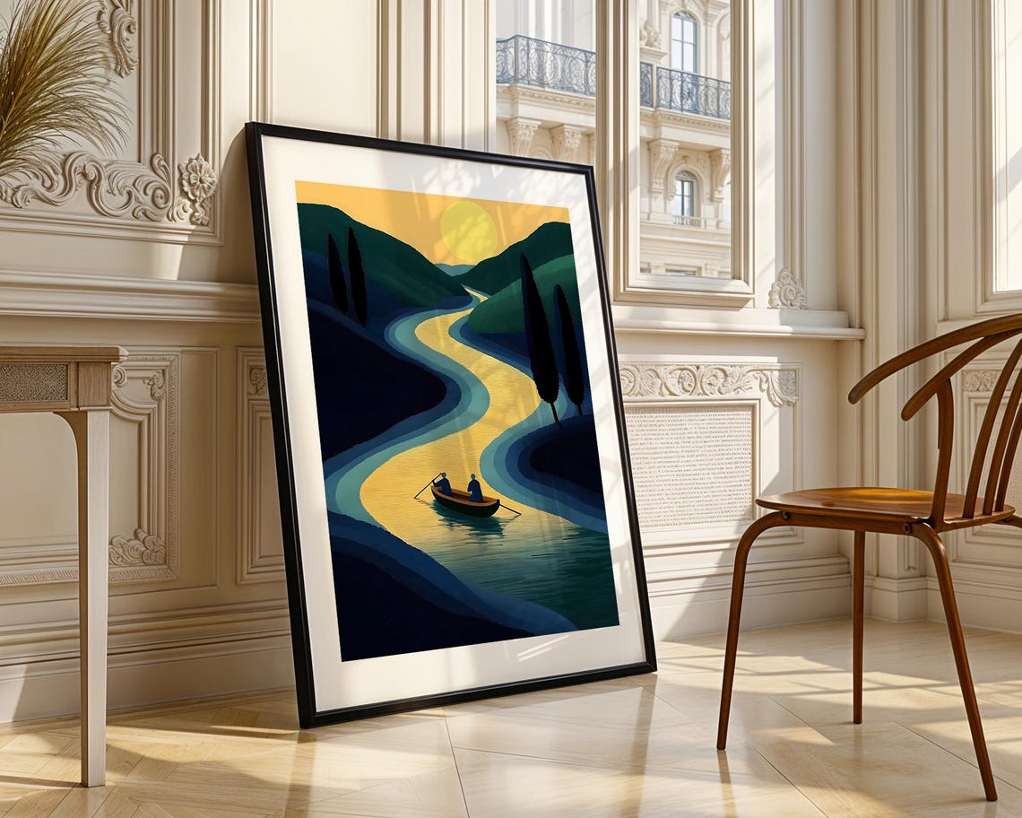 Golden Sunset River Rowboat Dark Hills Cypress Minimalist Poster - Image 3