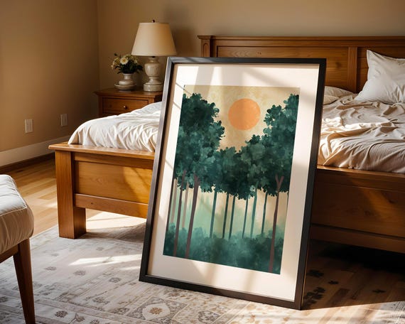 Misty Forest Sunrise Minimalist Tree Illustration Trendy Wall Art Modern Prints Bathroom Decor Room Print
