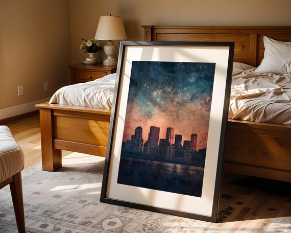 Starlit City Skyline Wall Art Celestial Urban Poster Night Sky Over Metropolis Home Office Bedroom Decor