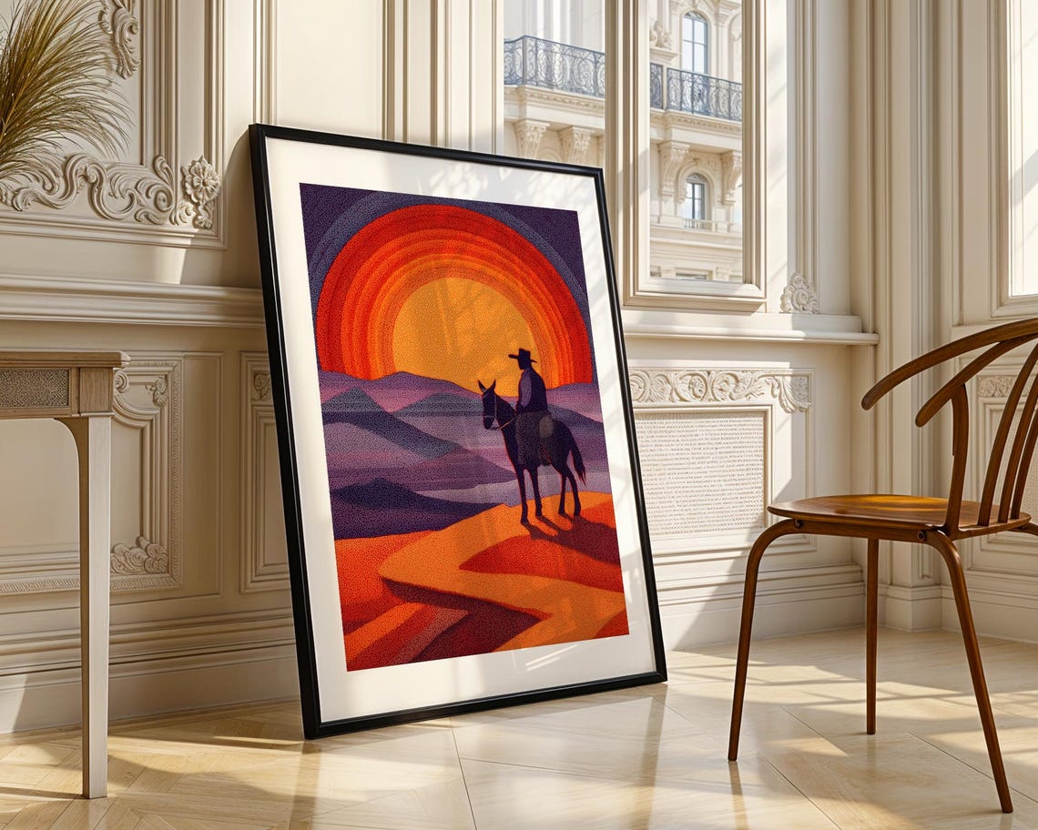 Cowboy On Horseback Sunset Western Desert Pointillist Poster - Image 3