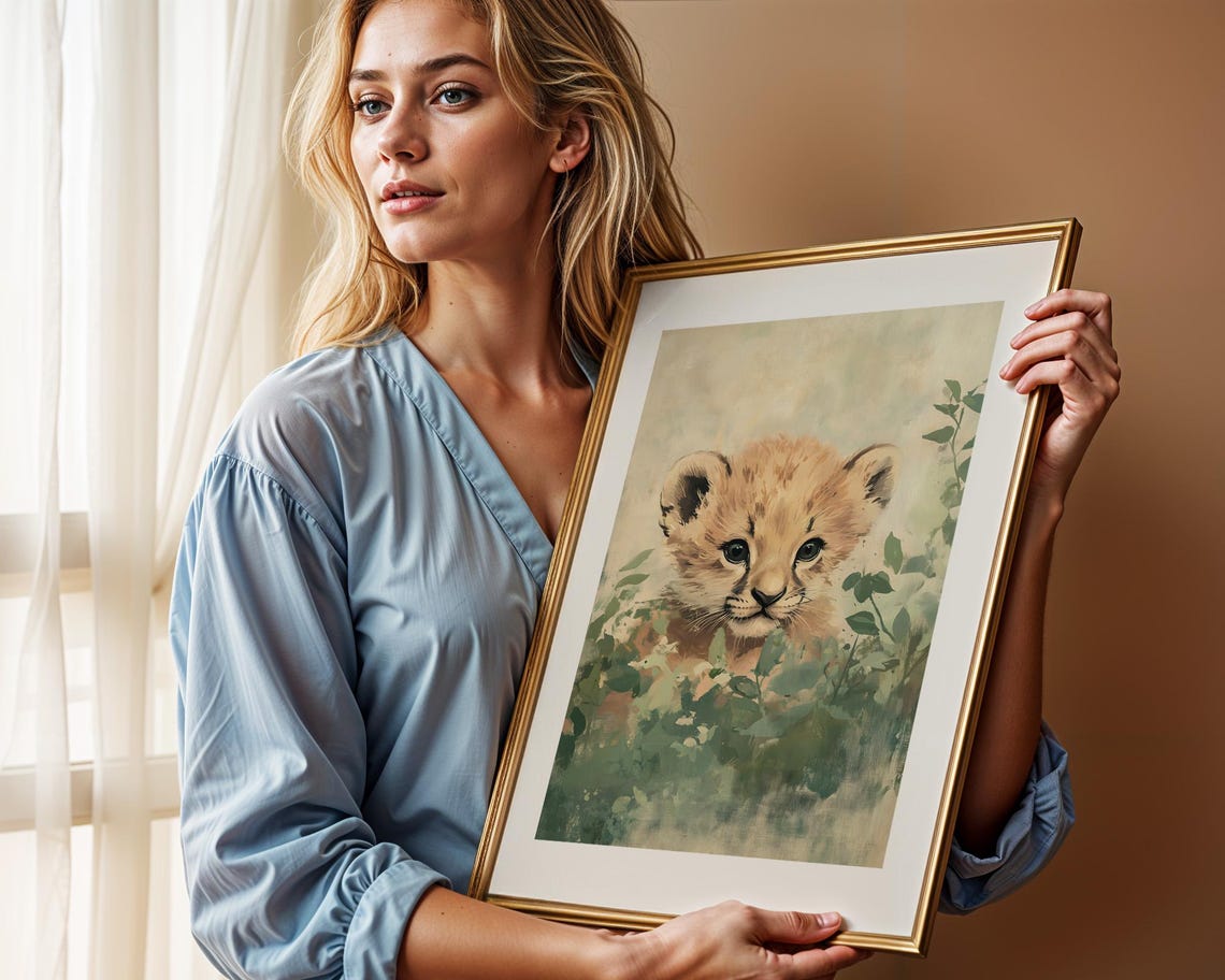 Baby Lion Cub Peeking Through Green Foliage Watercolor Art Poster - Image 2