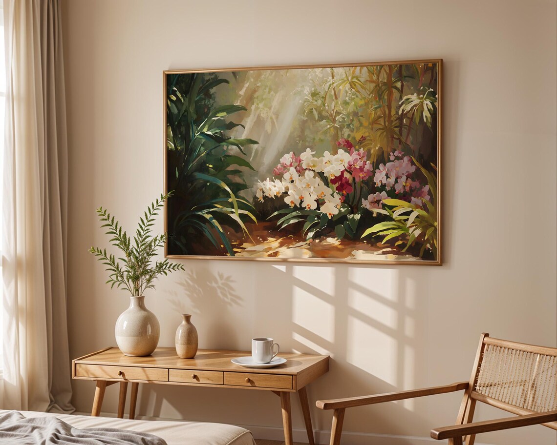 Sunlit Orchid Garden Tropical Flower Painting Landscape Poster - Image 5