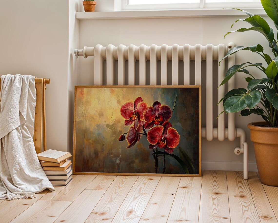 Red Orchid Blooms Golden Dark Background Elegant Floral Art Poster - Image 4