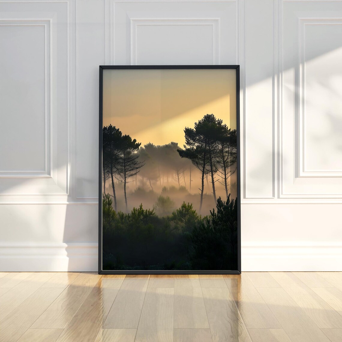 Misty Pine Forest at Golden Sunrise Art Poster for Calm Decor