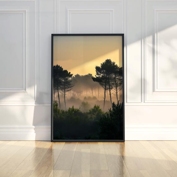 Sunrise Light Misty Forest Wall Art Print Foggy Nature Landscape Scenery Modern Home Room Decor Moody Gift