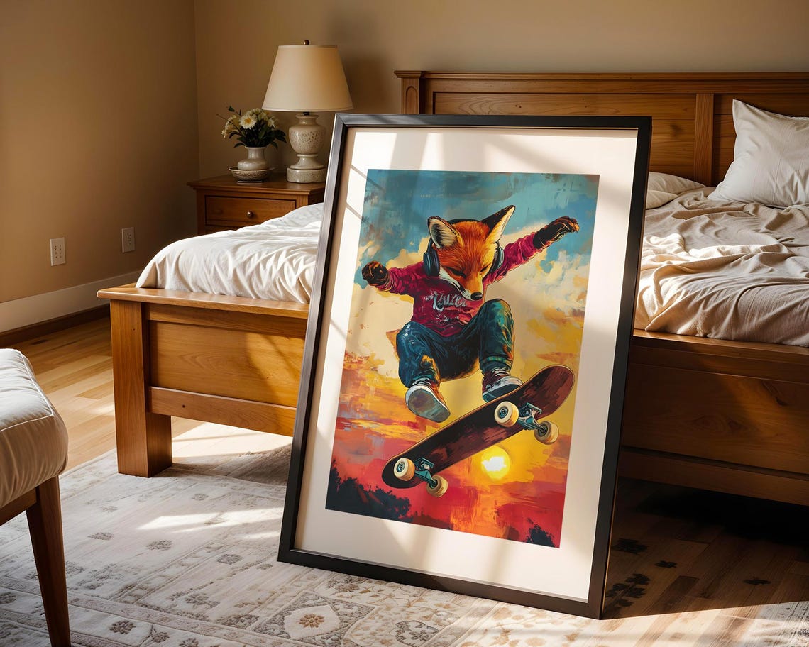 Skateboarding Fox Headphones Sunset Sky Warm Orange Skater Poster - Image 4